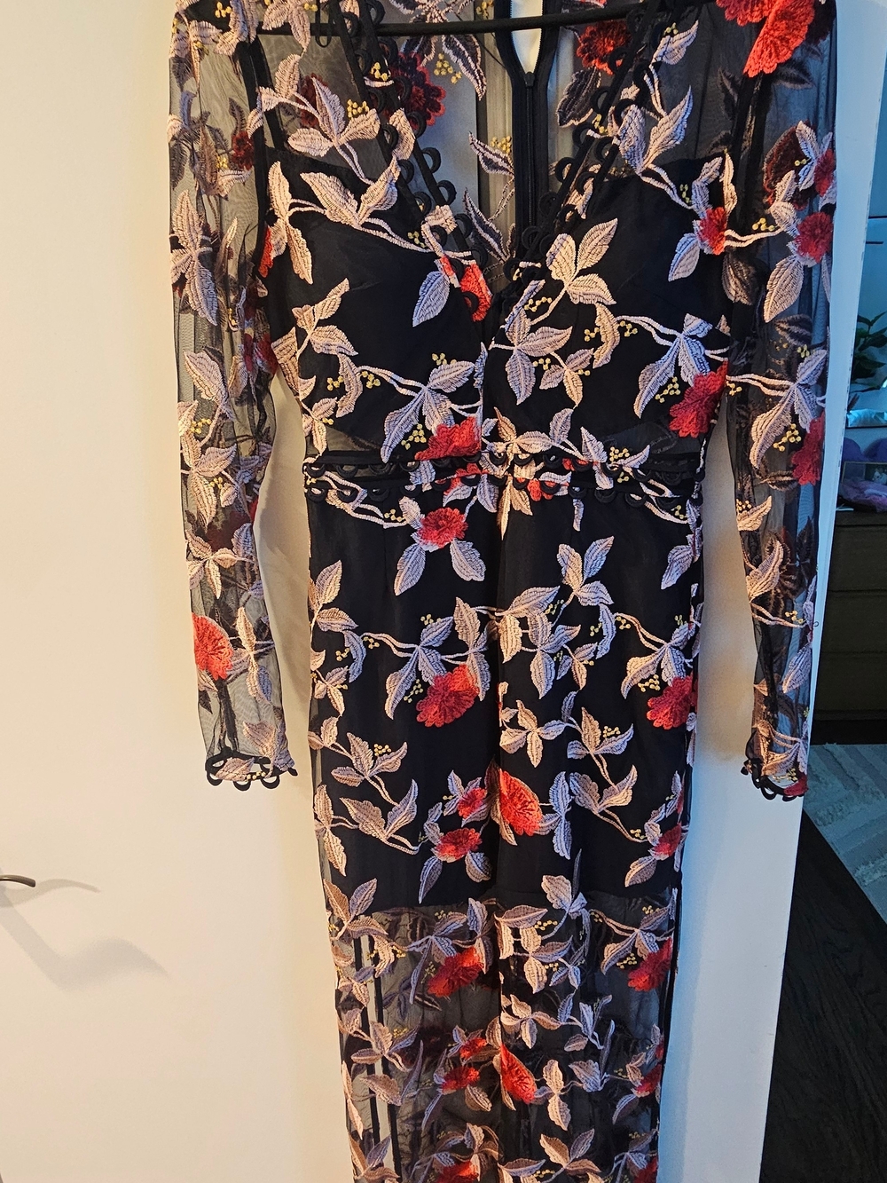 Finders Keepers Navy Maxi Sheer Dress with Red and Blush Floral Embroidery